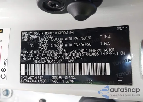 2017 Toyota 4Runner Limited z USA, uszkodzony, nr VIN JTEBU5JR4H5437887